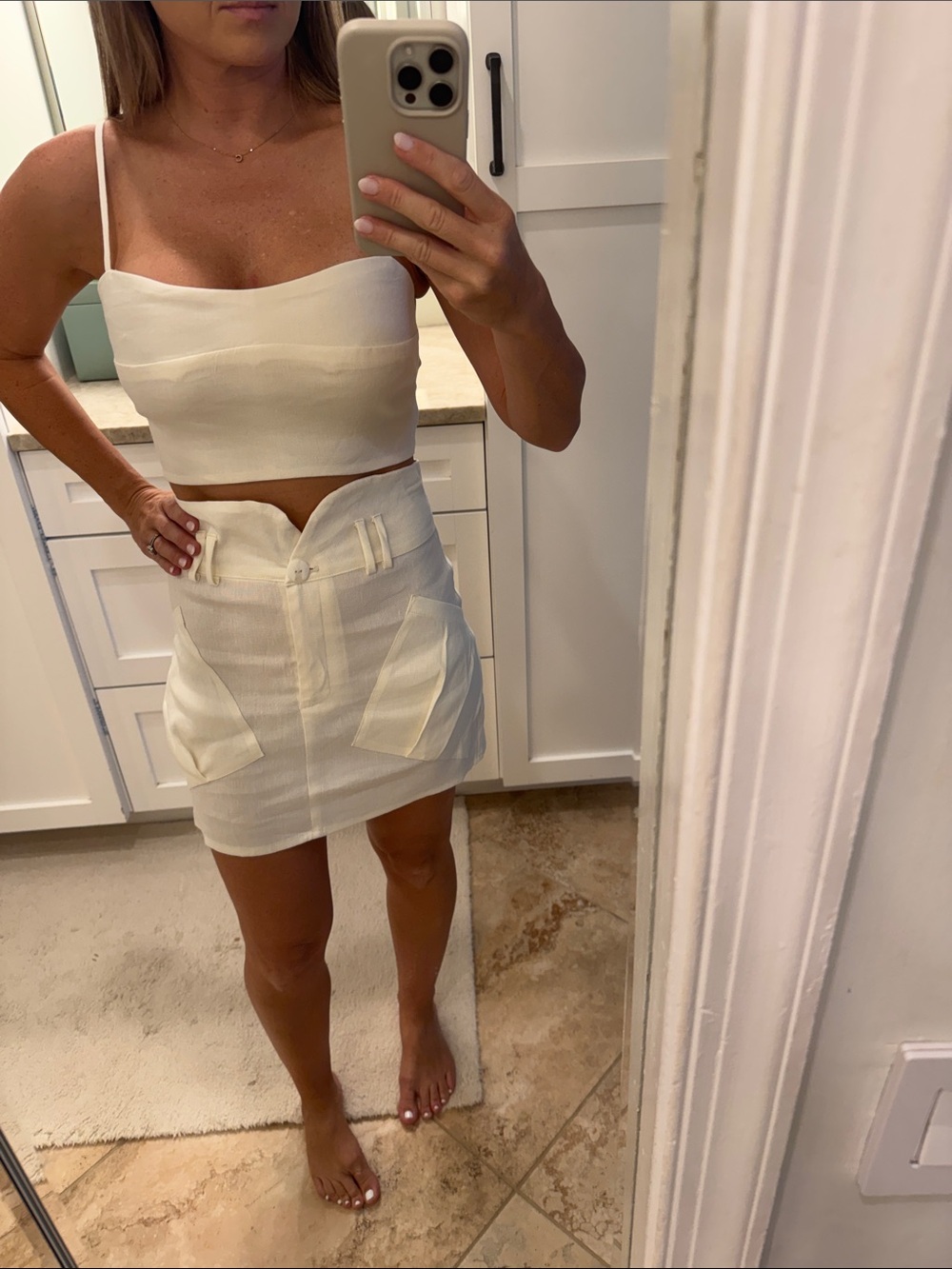 White High-Waist Mini Skirt Set with Front Pocket Detail